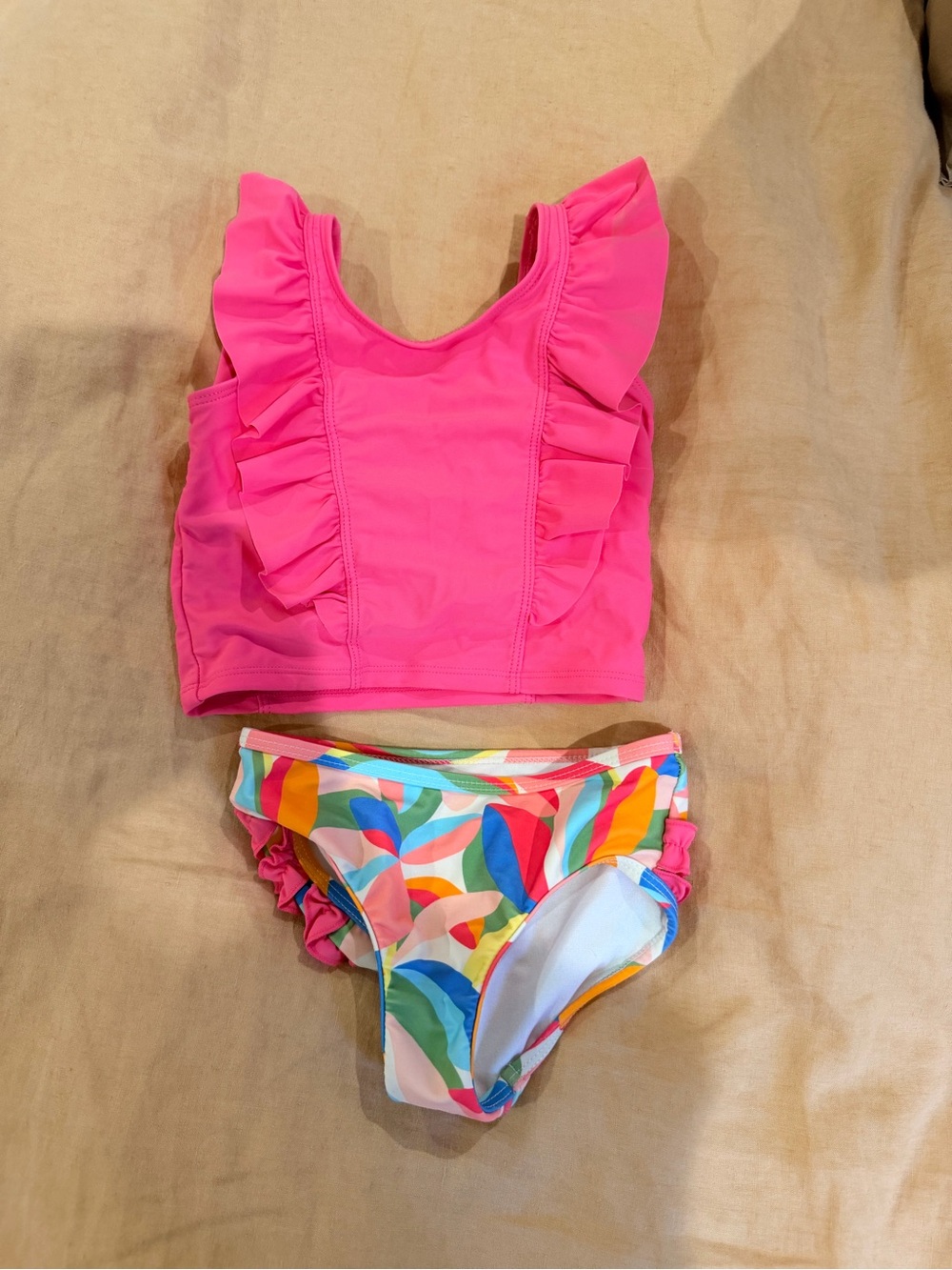 Ruffle Butts Bright Pink Ruffle Tankini with Multicolor Print Bottoms